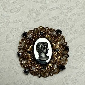 Vintage Gold and Black Cameo Brooch